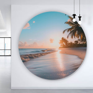 Aluminiumbild Atemberaubende Strandlandschaft mit Palmen und Wellen Kreis