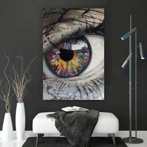 Aluminiumbild gebürstet Auge mit bunter Iris Abstrakt Hochformat
