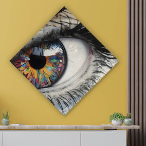 Aluminiumbild gebürstet Auge mit bunter Iris Abstrakt Raute
