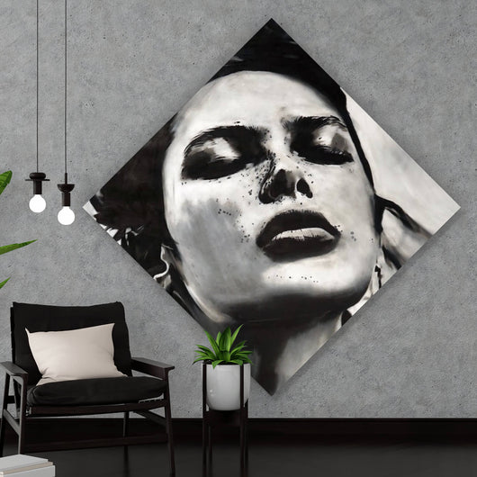 Acrylglasbild Ausdrucksstarkes Porträt einer Frau in Schwarz Weiß Raute