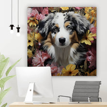 Lade das Bild in den Galerie-Viewer, Leinwandbild Australian Shepherd umgeben von Blumenmeer Quadrat

