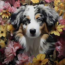 Lade das Bild in den Galerie-Viewer, Leinwandbild Australian Shepherd umgeben von Blumenmeer Quadrat
