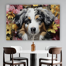 Lade das Bild in den Galerie-Viewer, Leinwandbild Australian Shepherd umgeben von Blumenmeer Querformat
