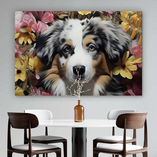 Poster Australian Shepherd umgeben von Blumenmeer Querformat