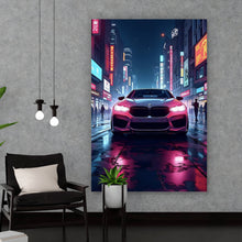 Lade das Bild in den Galerie-Viewer, Aluminiumbild Auto in belebter nächtlicher Stadt Hochformat
