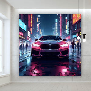 Acrylglasbild Auto in belebter nächtlicher Stadt Quadrat
