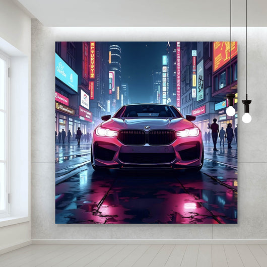 Acrylglasbild Auto in belebter nächtlicher Stadt Quadrat