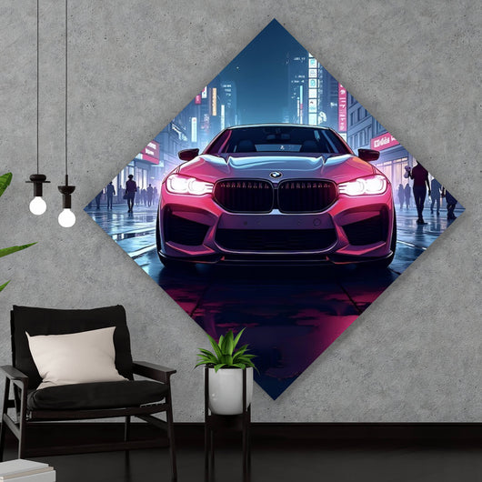 Acrylglasbild Auto in belebter nächtlicher Stadt Raute