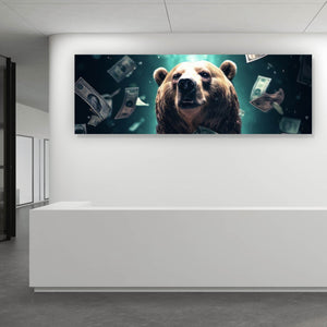 Acrylglasbild Bär umgeben von fliegenden Geldscheinen Panorama