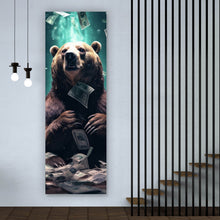 Lade das Bild in den Galerie-Viewer, Acrylglasbild Bär umgeben von fliegenden Geldscheinen Panorama Hoch
