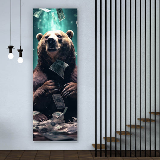 Acrylglasbild Bär umgeben von fliegenden Geldscheinen Panorama Hoch