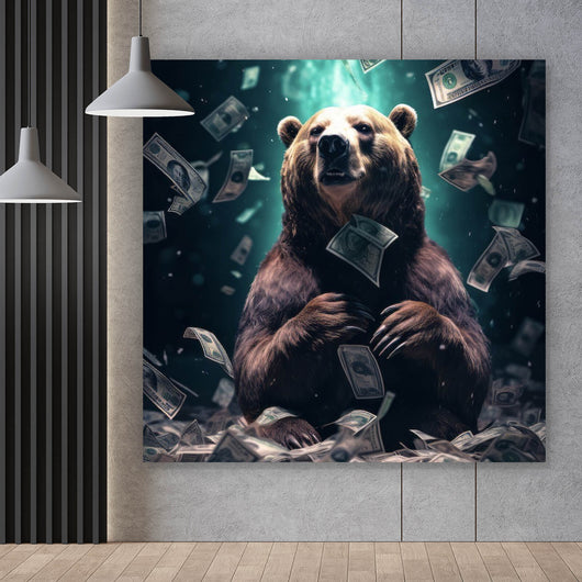 Poster Bär umgeben von fliegenden Geldscheinen Quadrat