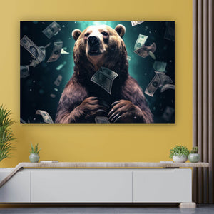 Acrylglasbild Bär umgeben von fliegenden Geldscheinen Querformat