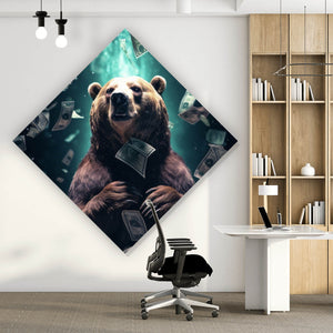 Acrylglasbild Bär umgeben von fliegenden Geldscheinen Raute