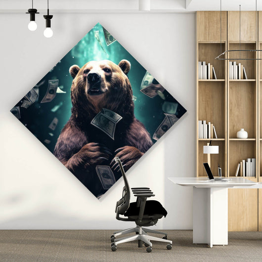 Acrylglasbild Bär umgeben von fliegenden Geldscheinen Raute