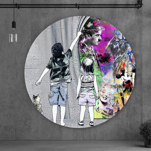 Aluminiumbild Banksy Graffitikunst hinter Vorhang Kreis