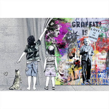 Lade das Bild in den Galerie-Viewer, Acrylglasbild Banksy Graffitikunst hinter Vorhang Querformat
