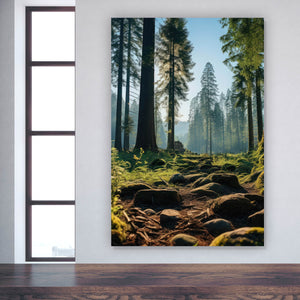 Leinwandbild Beeindruckender Wald mit Bäumen in der Sonne Hochformat