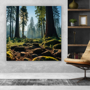 Leinwandbild Beeindruckender Wald mit Bäumen in der Sonne Quadrat