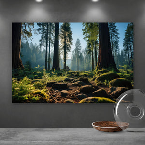 Leinwandbild Beeindruckender Wald mit Bäumen in der Sonne Querformat