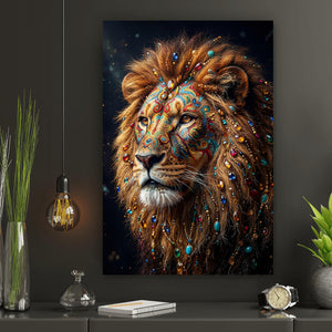 Acrylglasbild Beeindruckendes Löwenporträt mit Juwelenverzierung Hochformat