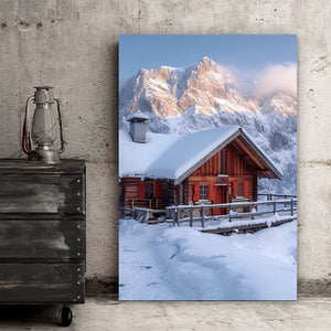 Spannrahmenbild Berghütte in verschneiter Alpenlandschaft bei Sonnenaufgang Hochformat
