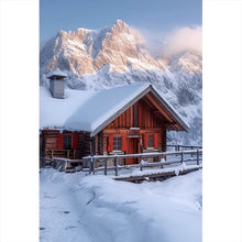 Lade das Bild in den Galerie-Viewer, Leinwandbild Berghütte in verschneiter Alpenlandschaft bei Sonnenaufgang Hochformat
