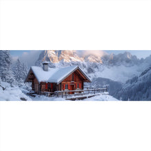 Lade das Bild in den Galerie-Viewer, Leinwandbild Berghütte in verschneiter Alpenlandschaft bei Sonnenaufgang Panorama
