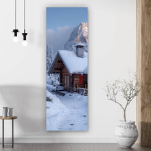 Lade das Bild in den Galerie-Viewer, Acrylglasbild Berghütte in verschneiter Alpenlandschaft bei Sonnenaufgang Panorama Hoch
