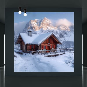Leinwandbild Berghütte in verschneiter Alpenlandschaft bei Sonnenaufgang Quadrat