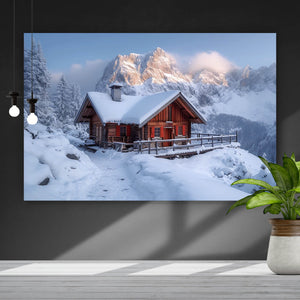 Acrylglasbild Berghütte in verschneiter Alpenlandschaft bei Sonnenaufgang Querformat