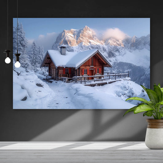 Acrylglasbild Berghütte in verschneiter Alpenlandschaft bei Sonnenaufgang Querformat