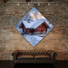 Lade das Bild in den Galerie-Viewer, Acrylglasbild Berghütte in verschneiter Alpenlandschaft bei Sonnenaufgang Raute
