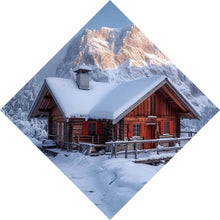 Lade das Bild in den Galerie-Viewer, Acrylglasbild Berghütte in verschneiter Alpenlandschaft bei Sonnenaufgang Raute
