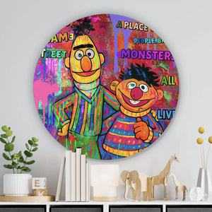 Aluminiumbild Berühmte Figuren einer Kinder Fernsehserie Pop Art Kreis