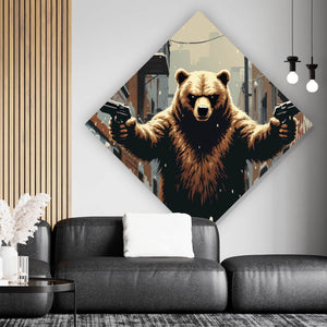 Acrylglasbild Bewaffneter Bär in schneebedeckter Stadtgasse Raute