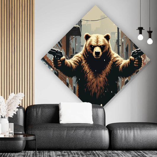 Acrylglasbild Bewaffneter Bär in schneebedeckter Stadtgasse Raute