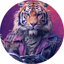 Lade das Bild in den Galerie-Viewer, Aluminiumbild Biker Tiger auf Motorrad Kreis
