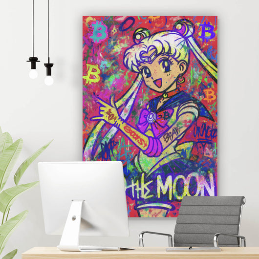 Spannrahmenbild Bitcoin buntes Pop Art to the Moon Hochformat