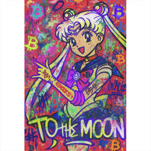 Lade das Bild in den Galerie-Viewer, Aluminiumbild gebürstet Bitcoin buntes Pop Art to the Moon Hochformat
