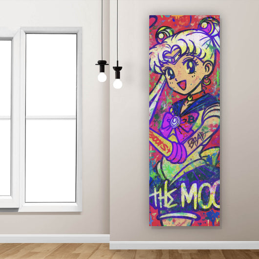 Aluminiumbild gebürstet Bitcoin buntes Pop Art to the Moon Panorama Hoch