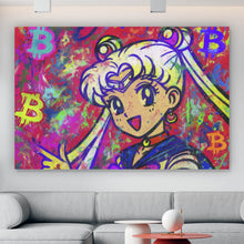 Lade das Bild in den Galerie-Viewer, Aluminiumbild gebürstet Bitcoin buntes Pop Art to the Moon Querformat
