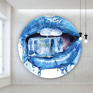 Aluminiumbild Blaue Lippen mit Eiswürfel Kreis