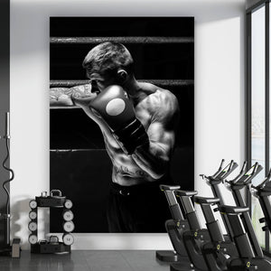 Acrylglasbild Boxer im Training Schwarz Weiß Hochformat