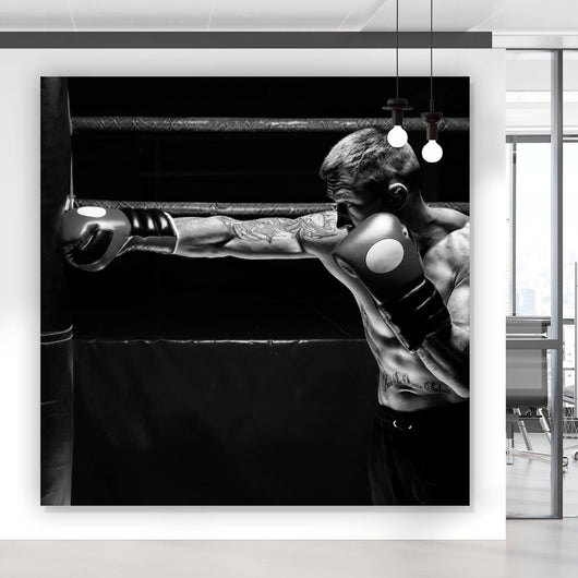 Acrylglasbild Boxer im Training Schwarz Weiß Quadrat