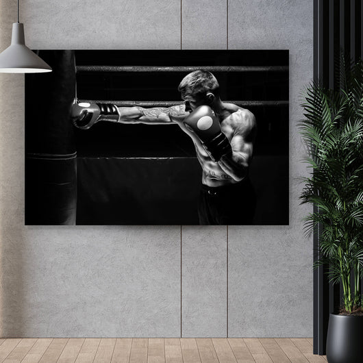 Acrylglasbild Boxer im Training Schwarz Weiß Querformat