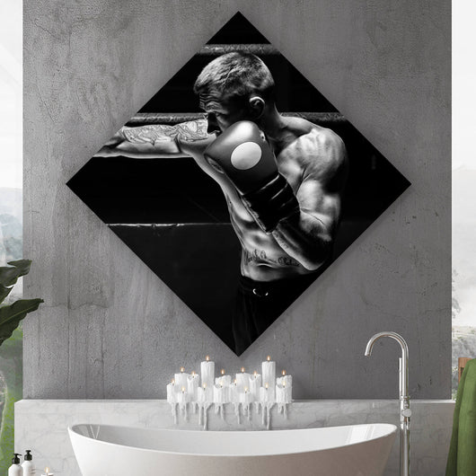 Acrylglasbild Boxer im Training Schwarz Weiß Raute