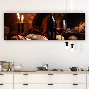 Leinwandbild Brot Wein bei Kerzenlicht Ambiente Panorama