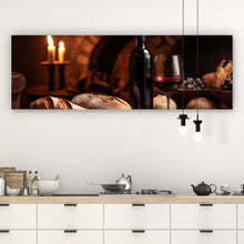 Lade das Bild in den Galerie-Viewer, Aluminiumbild gebürstet Brot Wein bei Kerzenlicht Ambiente Panorama
