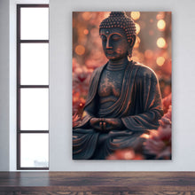 Lade das Bild in den Galerie-Viewer, Spannrahmenbild Buddha Statue mit Blumenarrangement Hochformat
